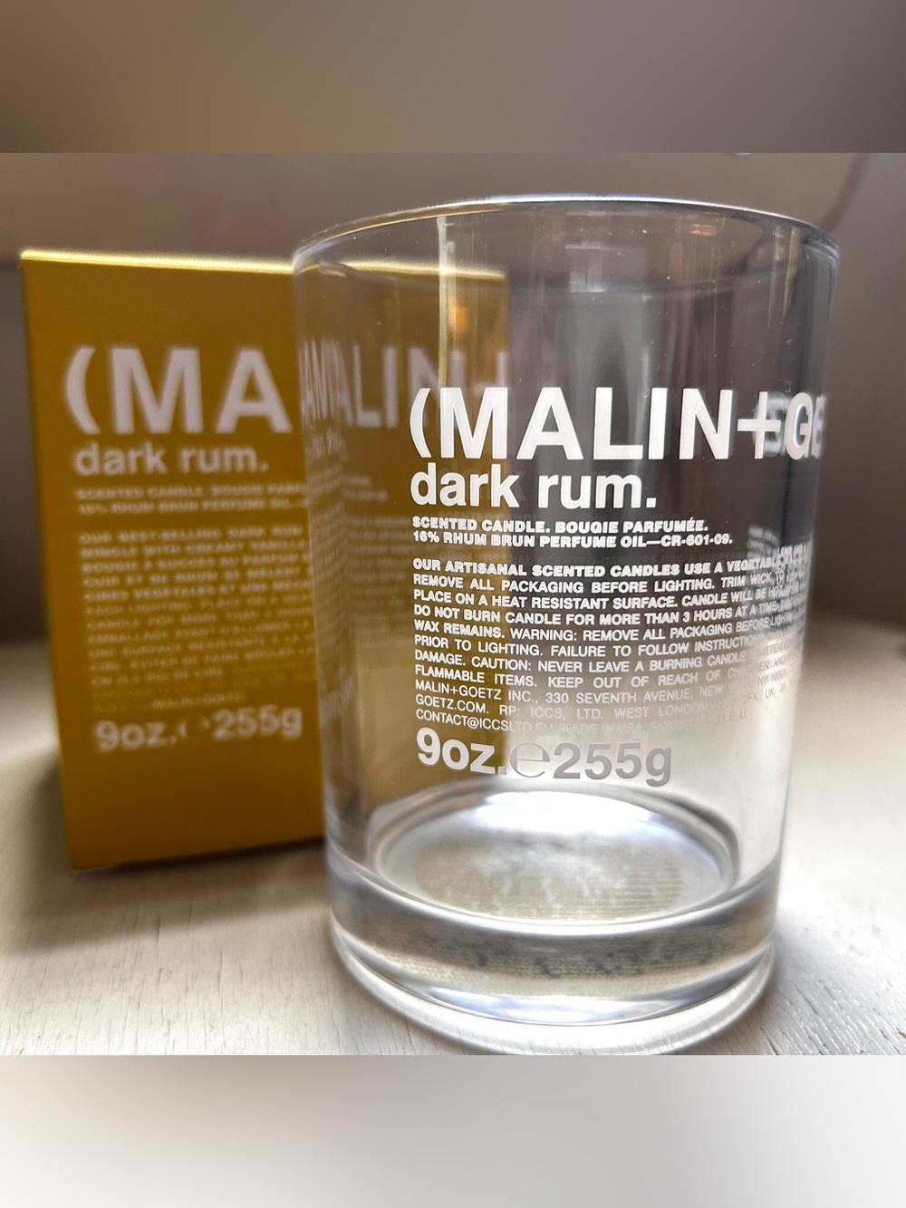 Malin+Goetz empty Dark Rum luxury candle vessel. 9 oz. size.